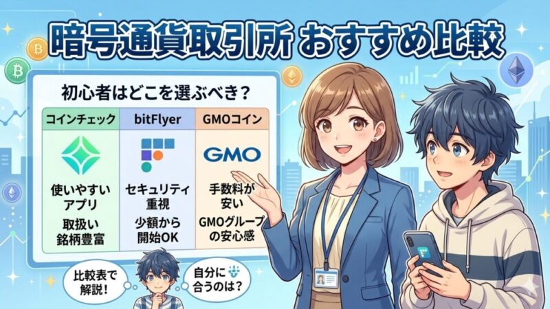 暗号通貨取引所おすすめ比較｜初心者はどこを選ぶべきか」 → コインチェック・bitFlyer・GMOコインを比較表で解説 