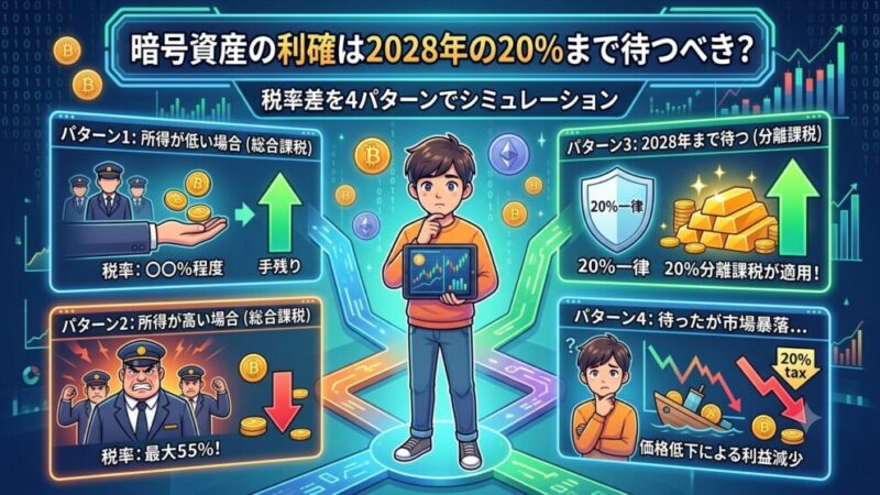 暗号資産の利確は2028年の20%まで待つべき？税率差を4パターンでシミュレーション 