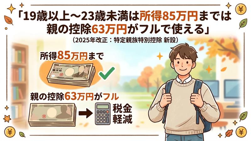 19歳以上~23歳未満は所得が85万円までは親の控除63万円フルに使える