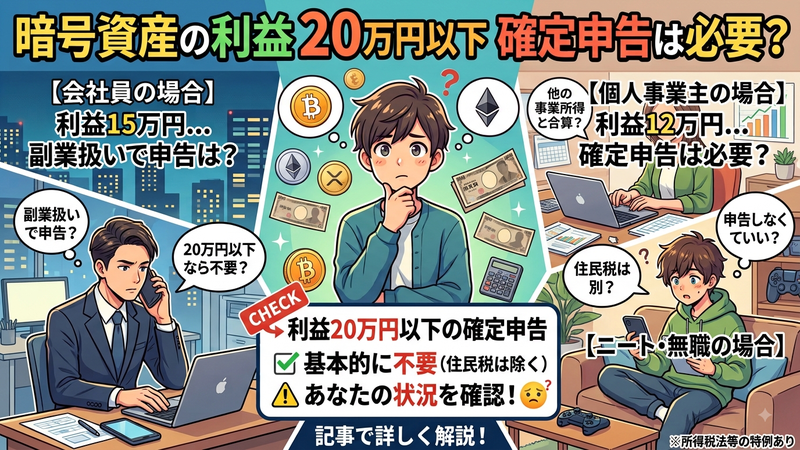 暗号資産の利益が20万円以下なら確定申告不要？当てはまる人・当てはまらない人の判定フロー 