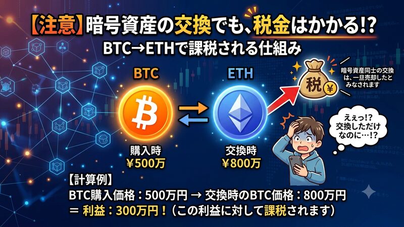 暗号資産どうしの交換でも税金はかかる？BTC→ETHで課税される仕組みと計算例 