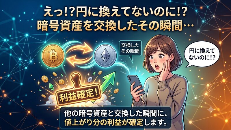 暗号資産は円に換えなくても、暗号資産どうしで交換したら、利益確定する。
