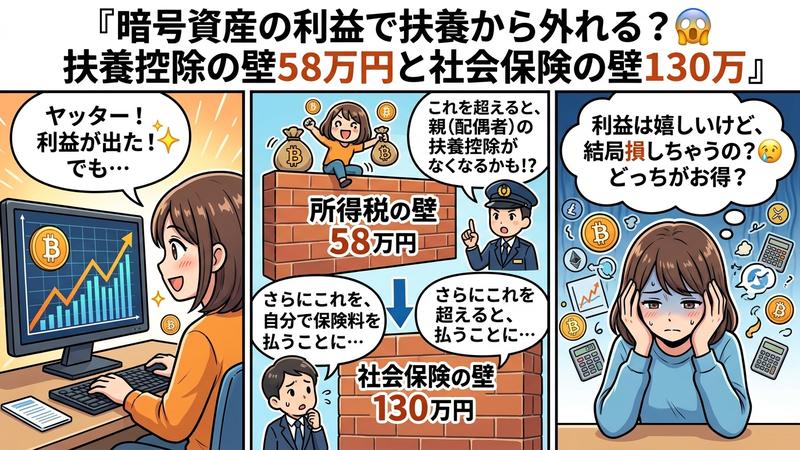 暗号資産の利益で扶養から外れる？扶養控除の壁58万円と社会保険の壁130万円【2026年最新】 